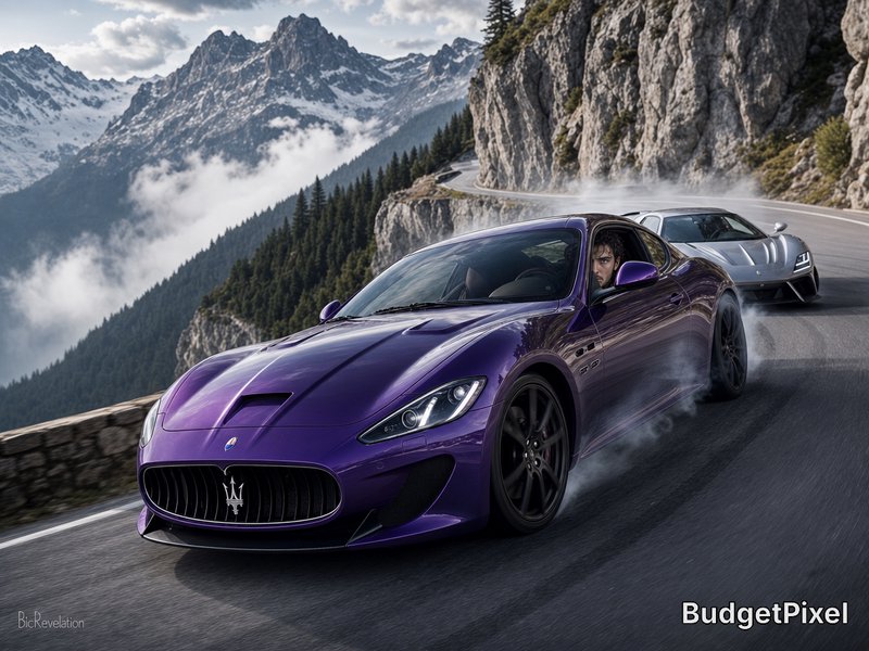 Purple Maserati sports car on a winding mountain road with a silver car following.