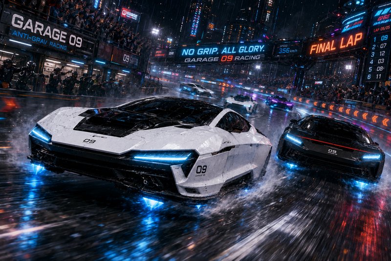 White futuristic race car leading a rain-soaked neon-lit city race at the final lap.