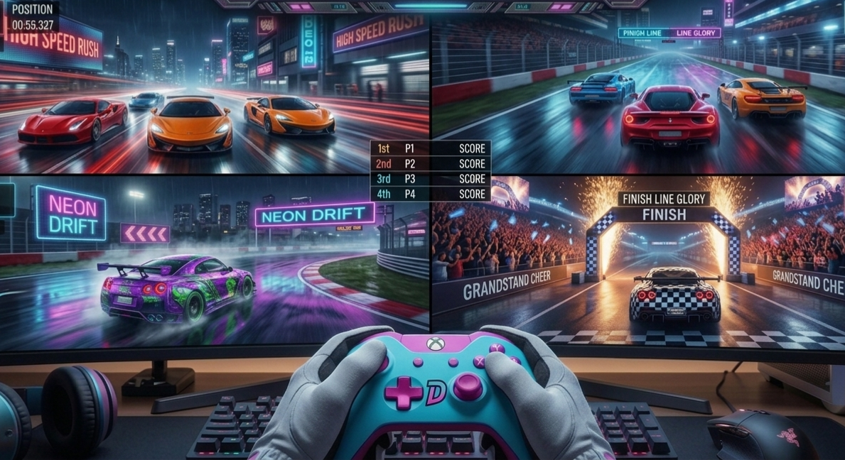 Multi-monitor racing game setup with neon-drenched cars racing on a slick track.