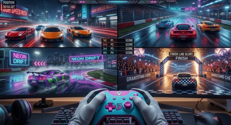 Multi-monitor racing game setup with neon-drenched cars racing on a slick track.