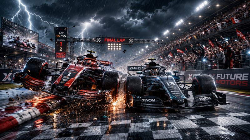 Two Formula 1 cars crash at the final lap under a stormy sky with lightning and cheering spectators.