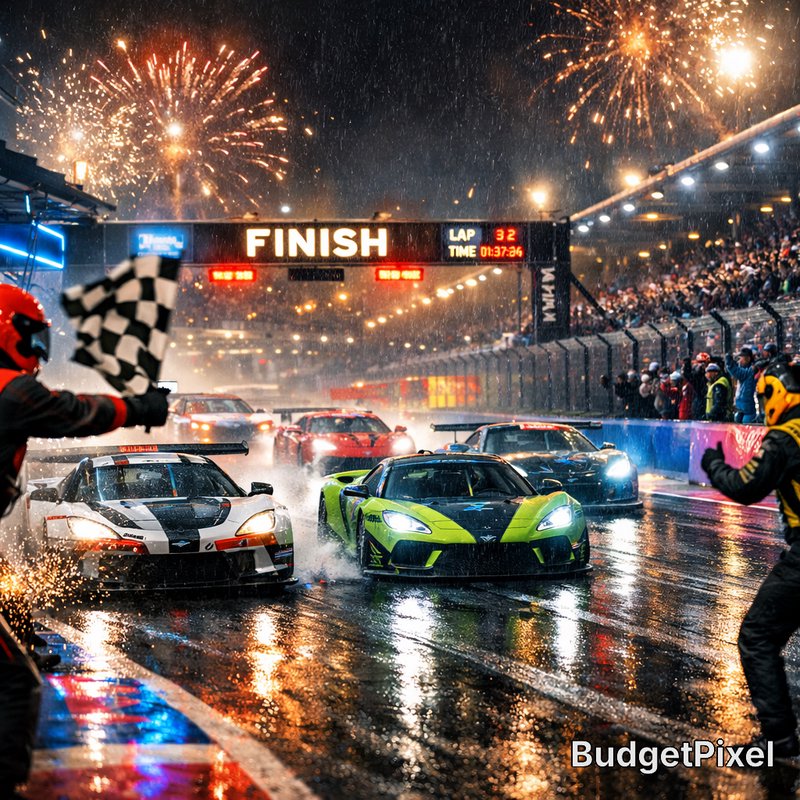Nighttime car race finish line with neon cars, sparks, and fireworks over a wet track.