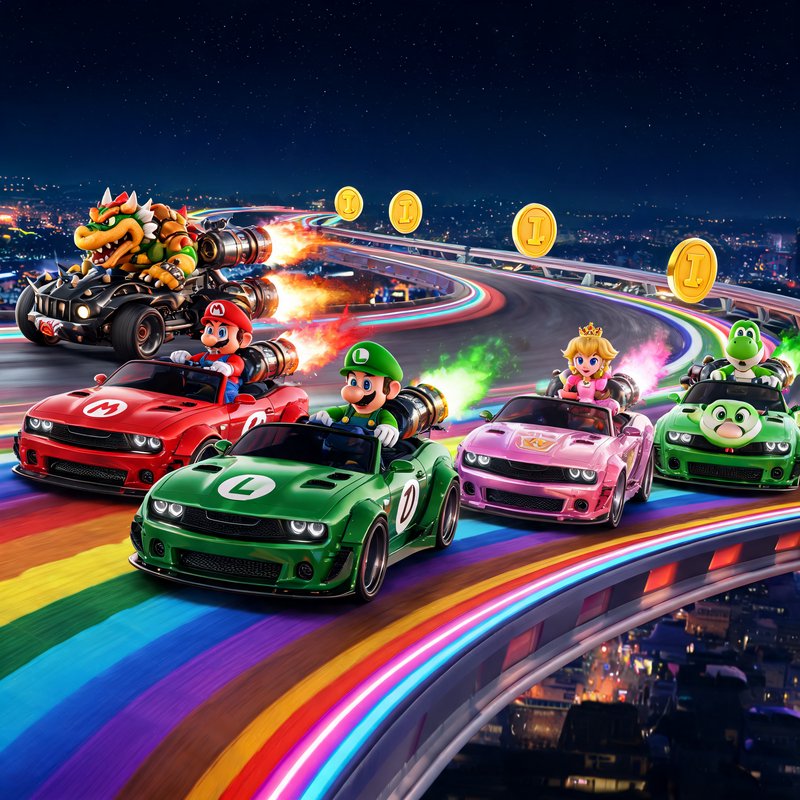 Mario Kart characters race in colorful cars on a neon rainbow track at night.