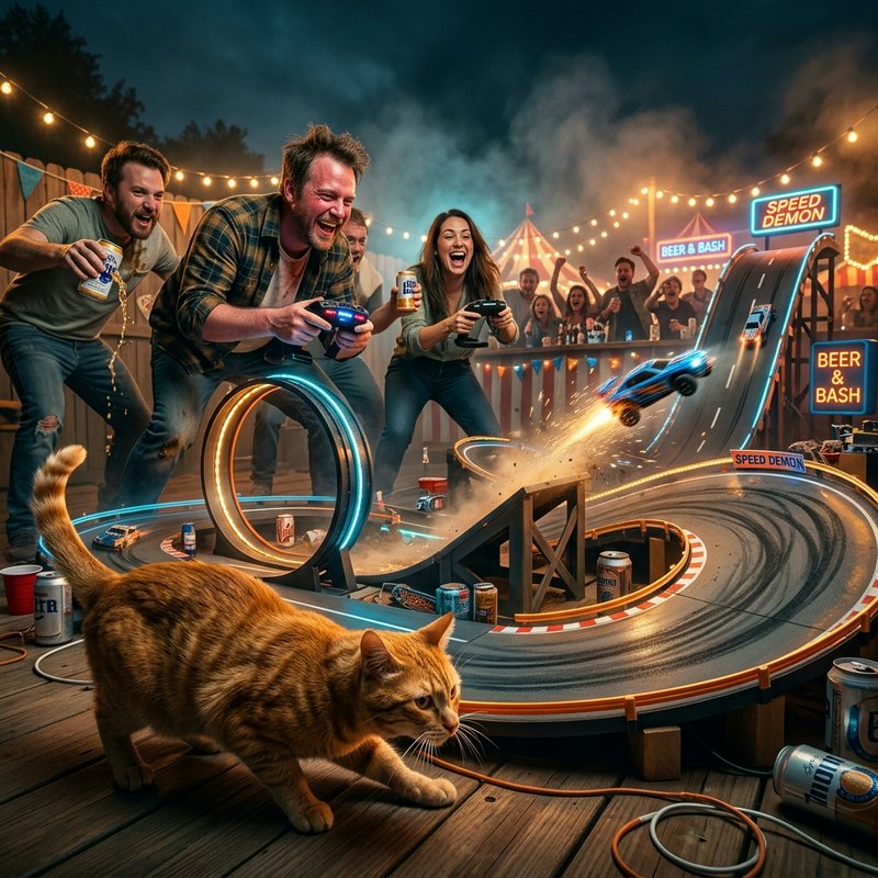 Group of friends at a neon-lit party watching an RC car race on a track, with a cat in the foregr...