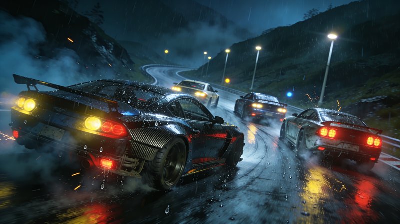 Nighttime rain-soaked racing scene with a black sports car drifting on a wet mountain road.