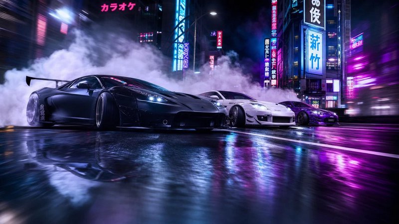 Three exotic sports cars drift on a rain-soaked neon-lit urban street at night.