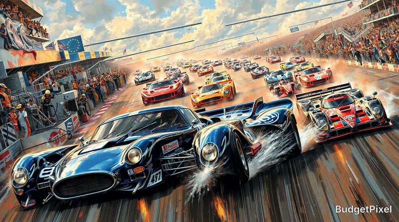 Fierce multi-car race on a sunlit track with a blue vintage-style lead car and spray behind rivals