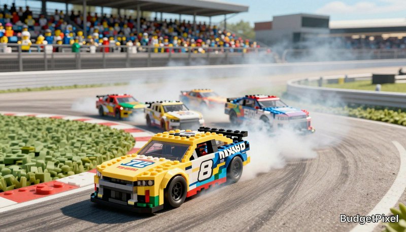 Lego-style race cars on a track performing a tight drift with smoke and colorful stands in the ba...