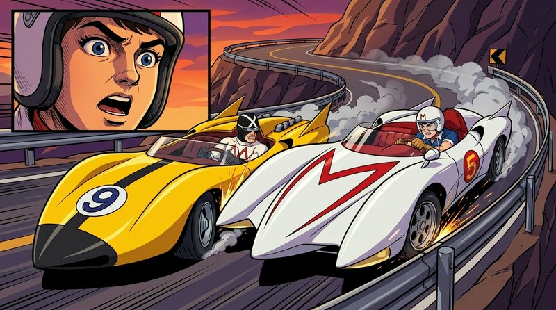 Cartoon racers in vintage sprint cars collide on a winding mountain road, with a fierce helmeted ...