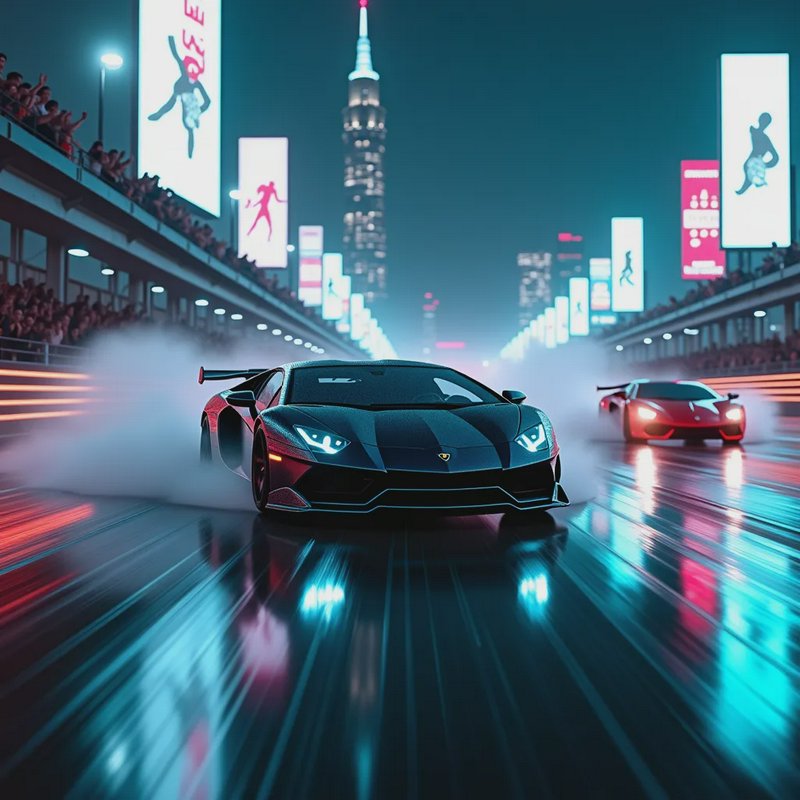 Blue Lamborghini racing car drifting on a neon-lit city track at night.