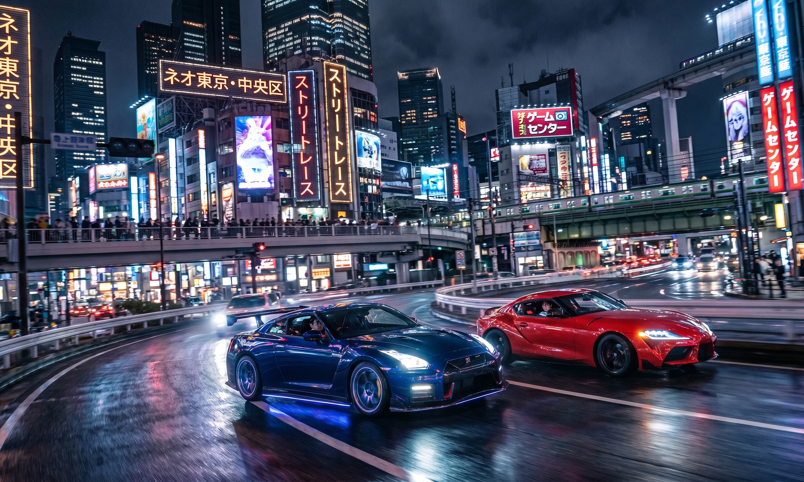 Two sports cars race through a neon-lit city street at night
