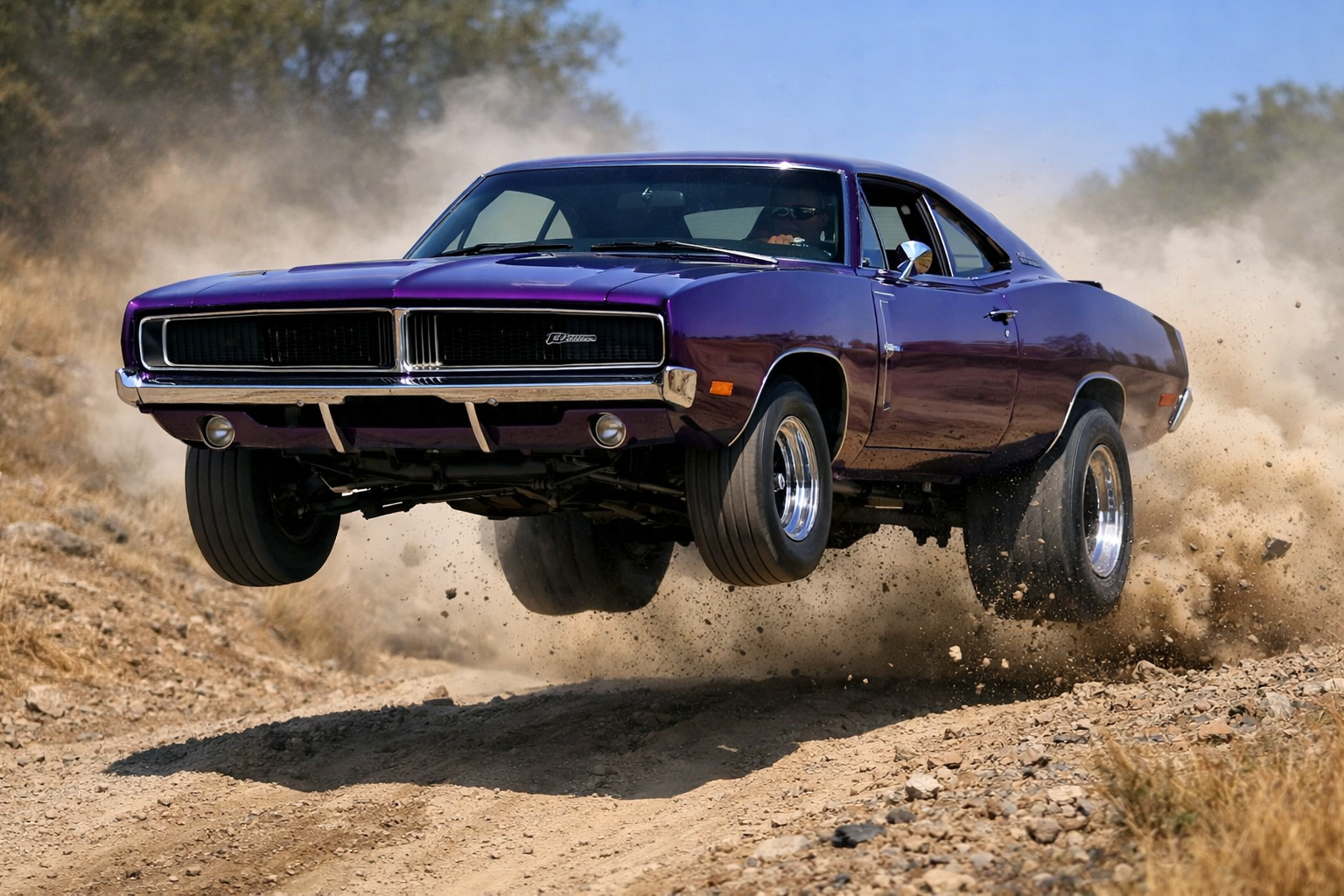 Purple classic muscle car in mid-air jump on a dirt track, dust clouds around.