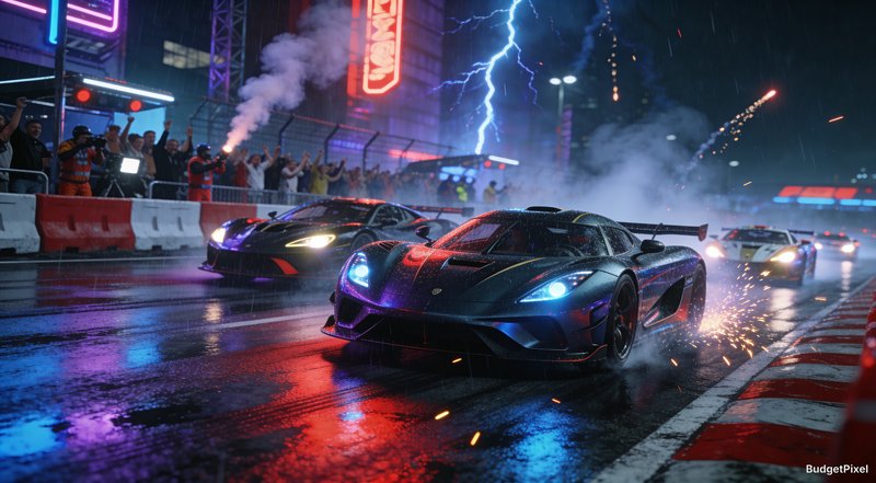 Night street race with sleek supercars on a wet track, neon lights, sparks, and cheering spectators.