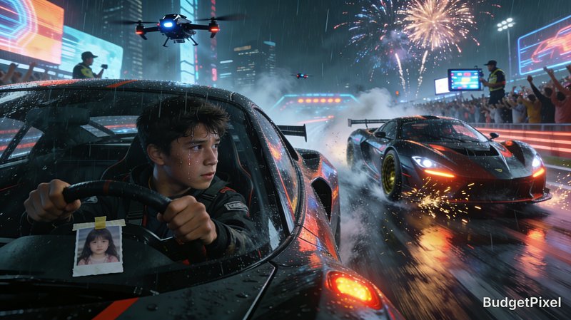 Young racer gripping the steering wheel of a black sports car in a rain-soaked neon-lit city stre...