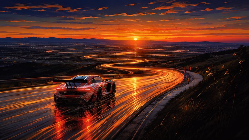 Red sports car on a winding wet road at sunset with light trails and a valley view.