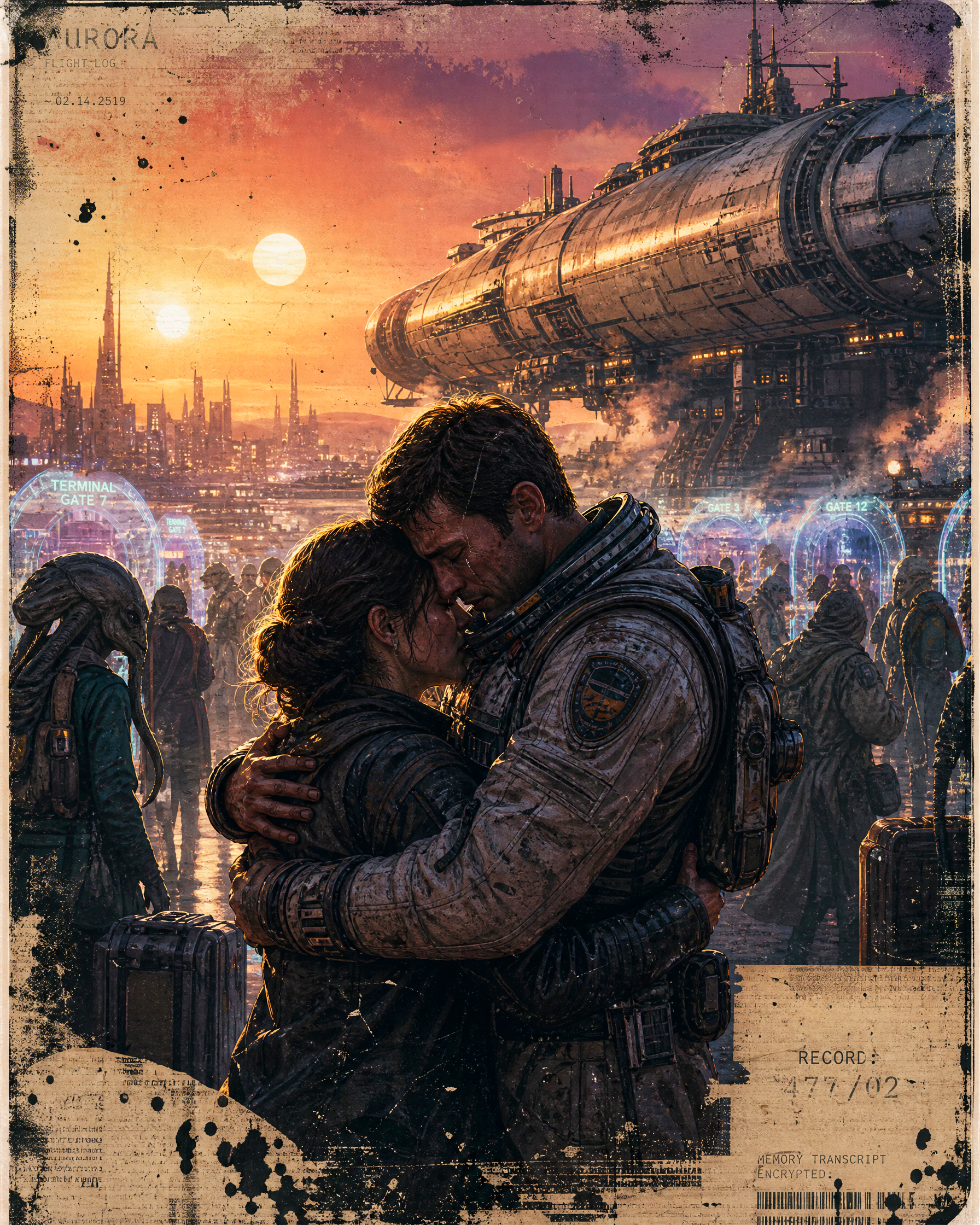 Astronauts embrace in a crowded futuristic spaceport with a massive starship in the background at sunset.