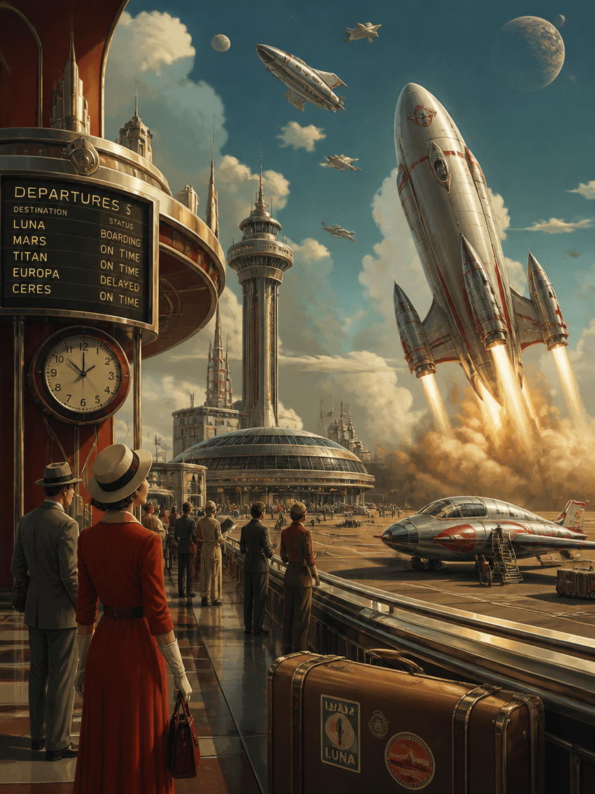 Retro-futuristic spaceport with rockets launching and travelers in vintage attire at a departure board.