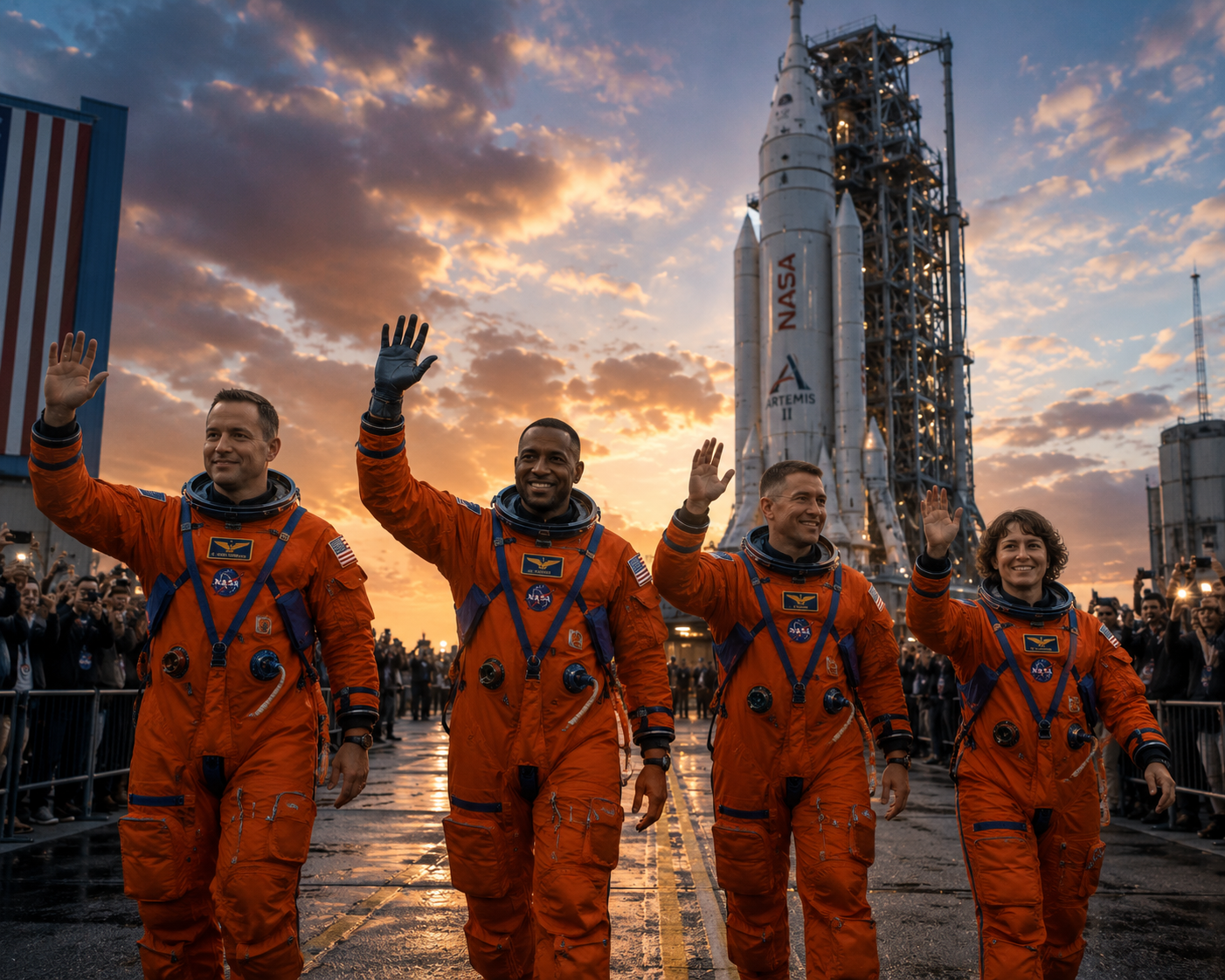 Four astronauts in orange spacesuits wave on a launch pad with a tall rocket at sunset.