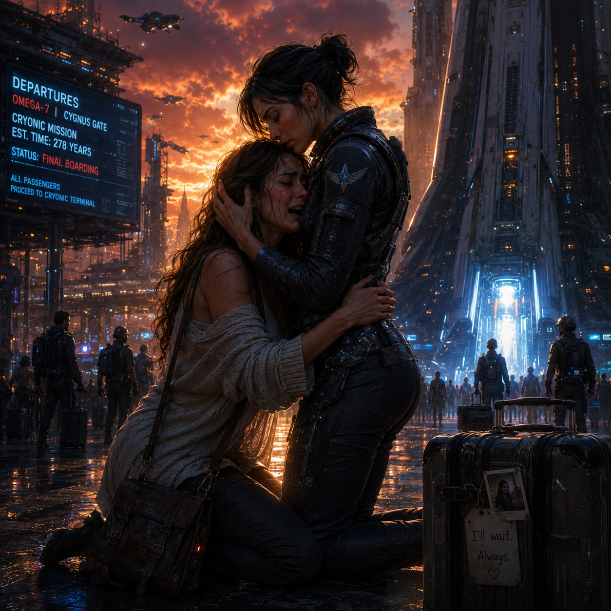 Two women embrace in a neon-lit futuristic city at sunset, one in a combat suit.