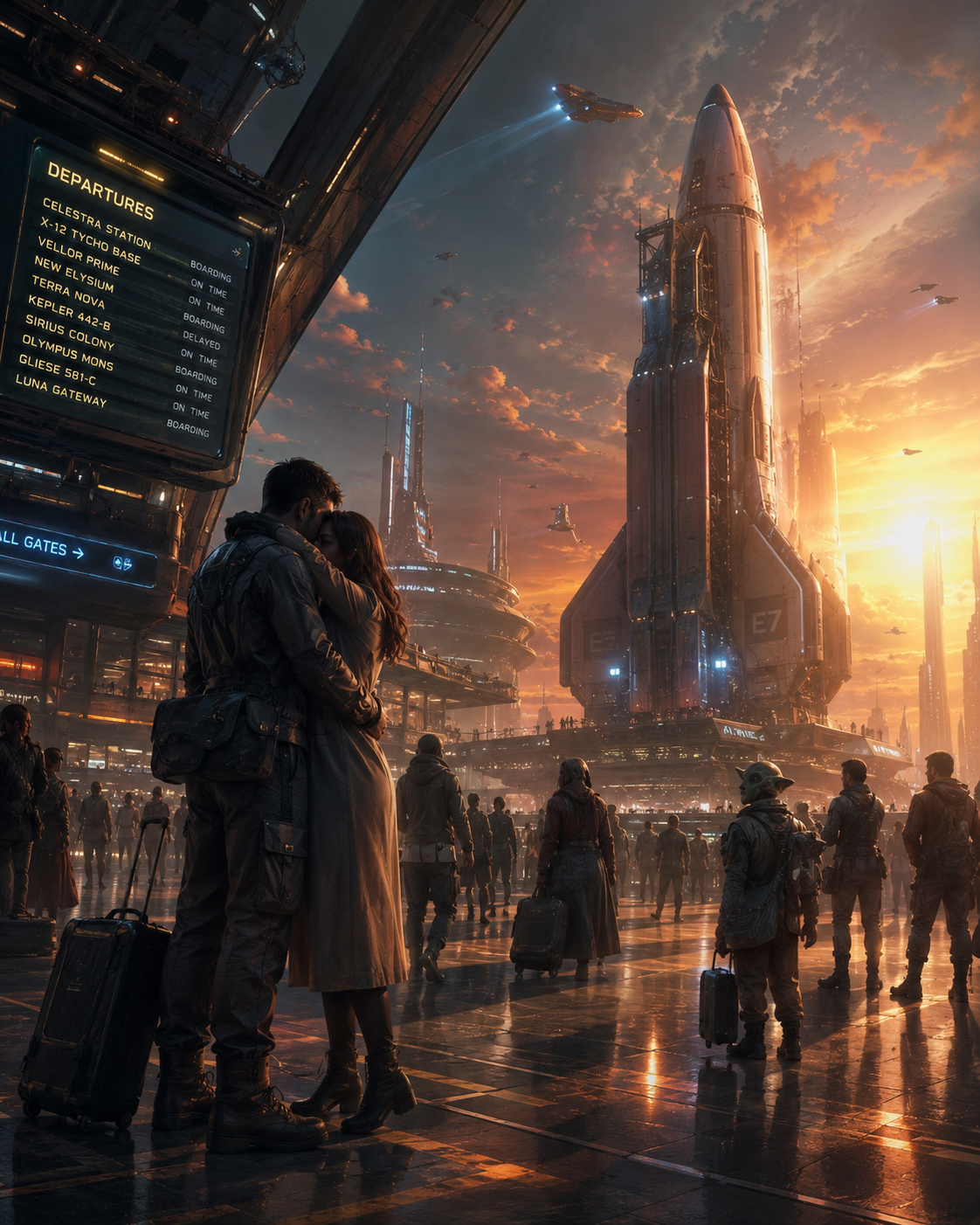 Futuristic spaceport at dusk with a towering rocket and travelers with luggage.