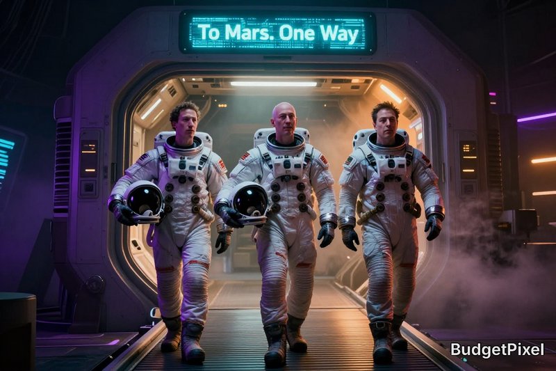 Three astronauts in white spacesuits walk from a spaceship through a neon-lit corridor toward a "...