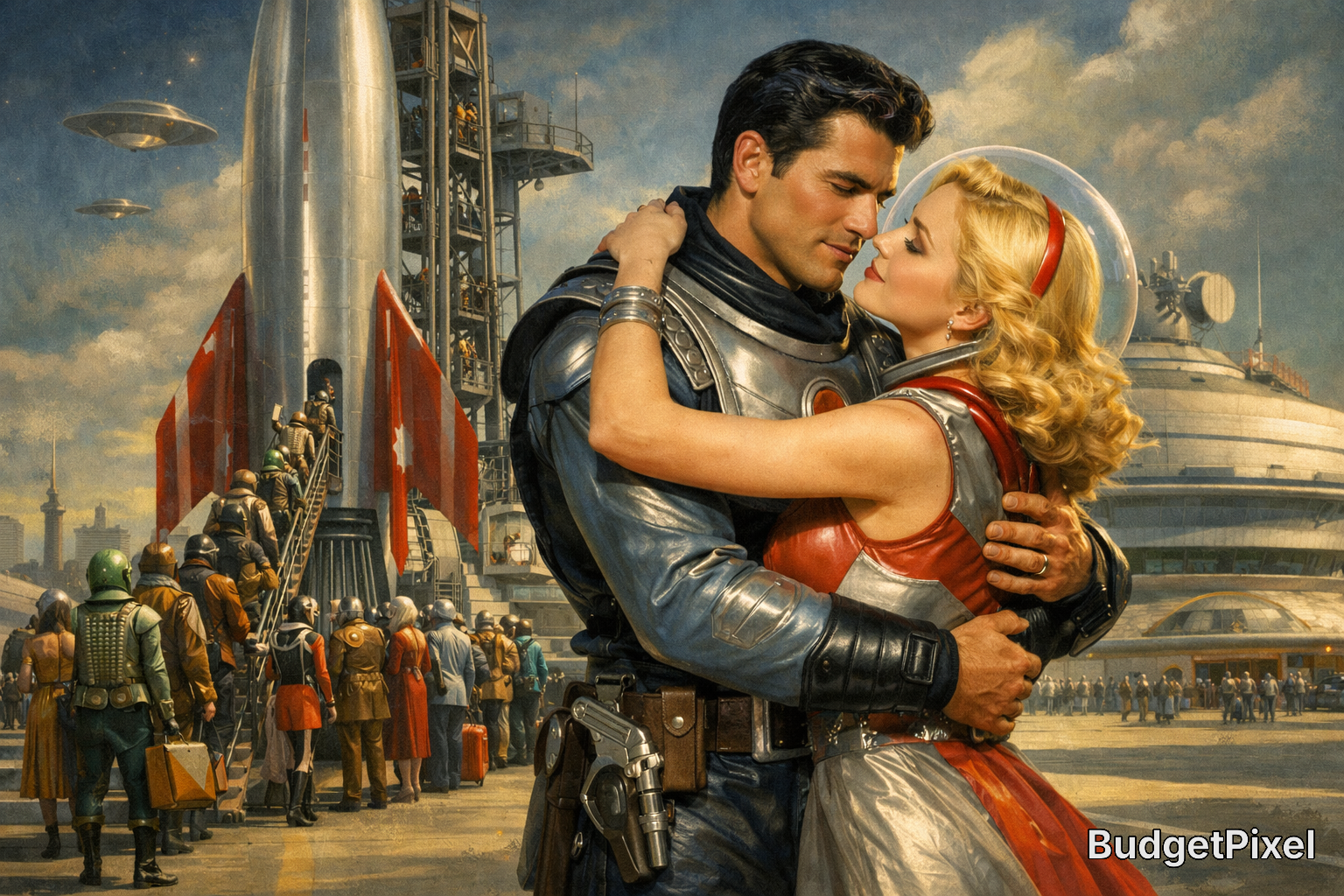 Retro sci-fi couple embraces in a spaceport beside a rocket and futuristic crowd.