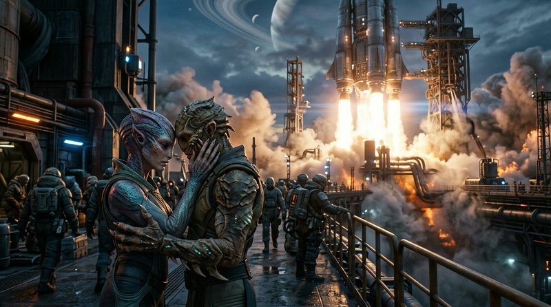 Two alien-like figures embrace on a futuristic rocket launchpad as a rocket blasts off in a dramatic, industrial sci-fi