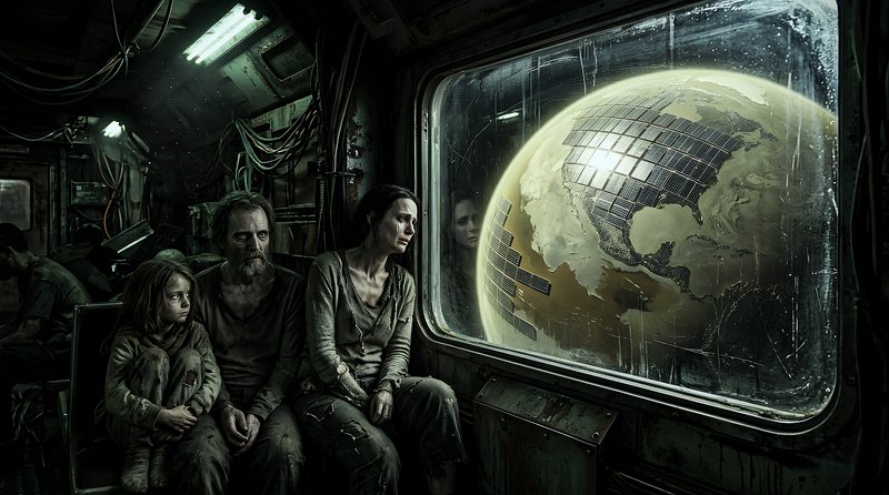 Family of three in a grimy spacecraft cabin gazing at a glowing Earth-like planet outside a window.