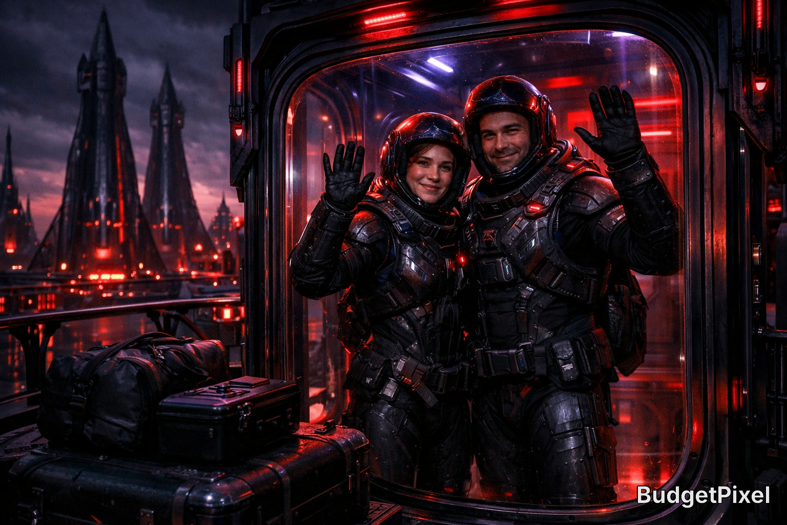 Two astronauts in futuristic suits wave from a spacecraft doorway with neon red lighting.