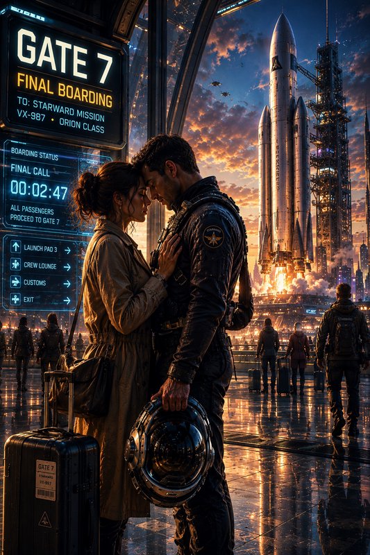 Couple sharing a kiss at a futuristic spaceport gate 7 with a rocket launch in the background.