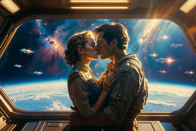 Couple kissing inside a spaceship window with Earth and stars in the background