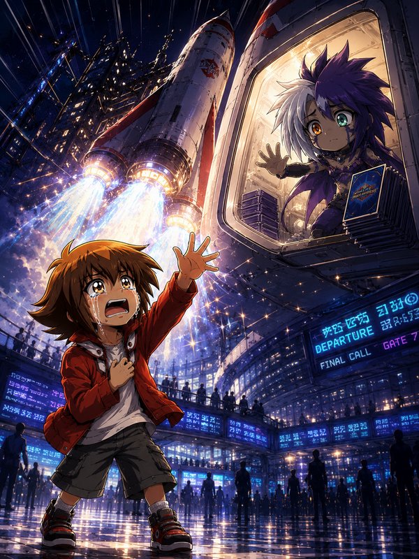 Young boy in a red jacket reaching up as a rocket launches at a futuristic spaceport.