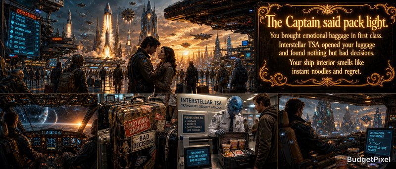Futuristic spaceport terminal with travelers, neon skyline, and a glowing sign about pack light.