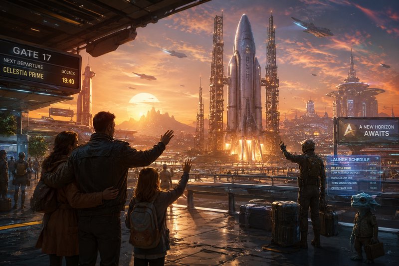 People at a futuristic spaceport watch a towering rocket launch at sunset.