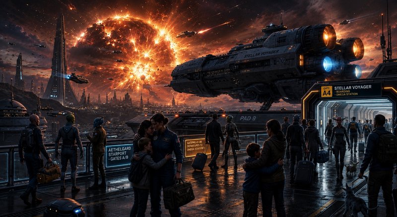 Sci-fi spaceport scene with a massive spaceship, glowing sunset, and travelers at a futuristic gate.