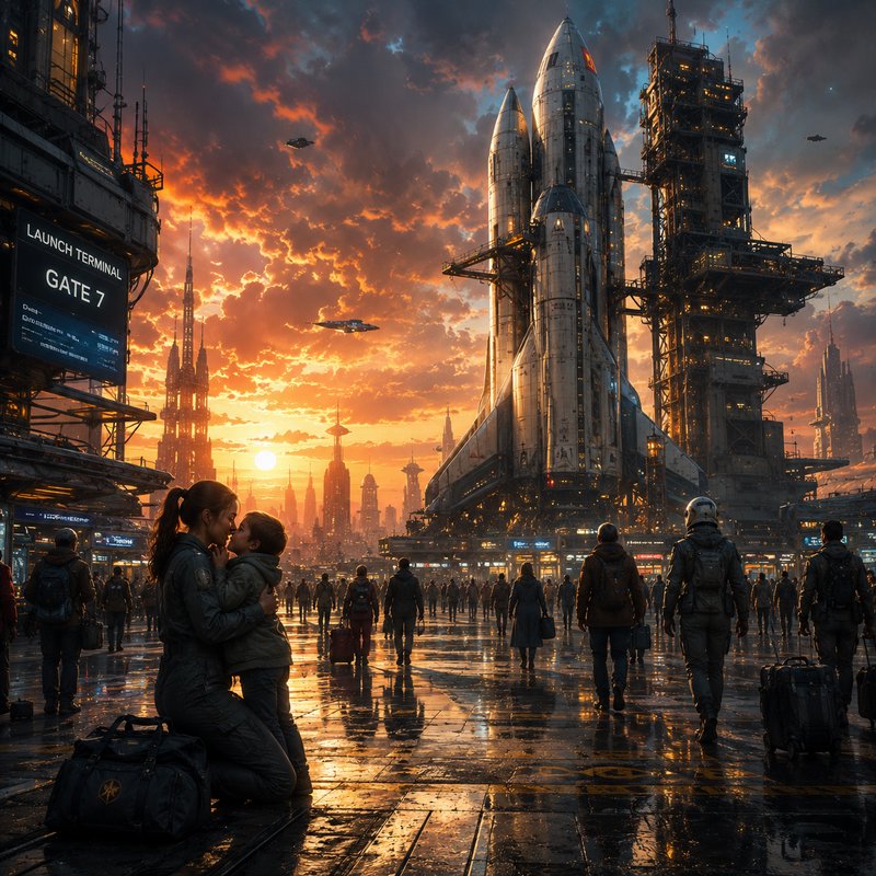 Futuristic spaceport at sunset with a towering rocket and travelers, including a couple embracing in the foreground.