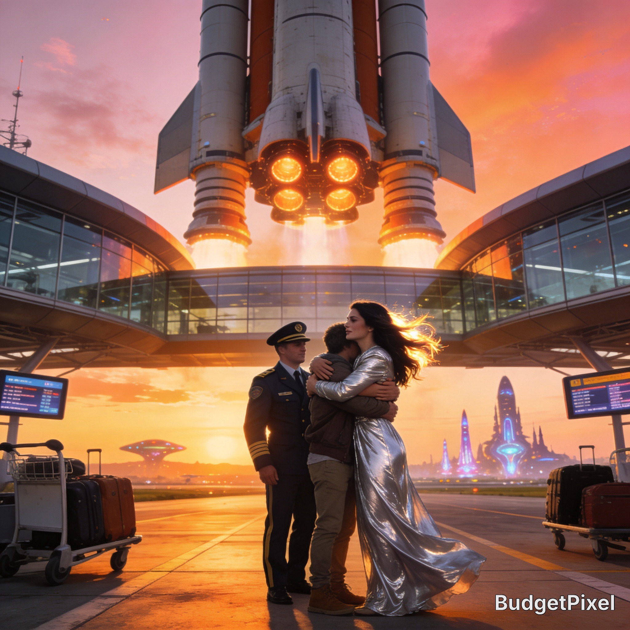 Couple embraces a pilot at a futuristic spaceport with a rocket launch behind them.