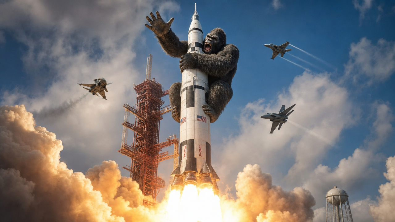 Giant gorilla clings to a rocket on a launch pad as flames and smoke erupt, with jets flying in the blue sky.