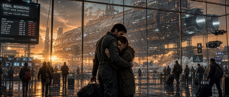 Lovers embrace in a futuristic airport terminal with a massive spaceship outside the glass at sunset.