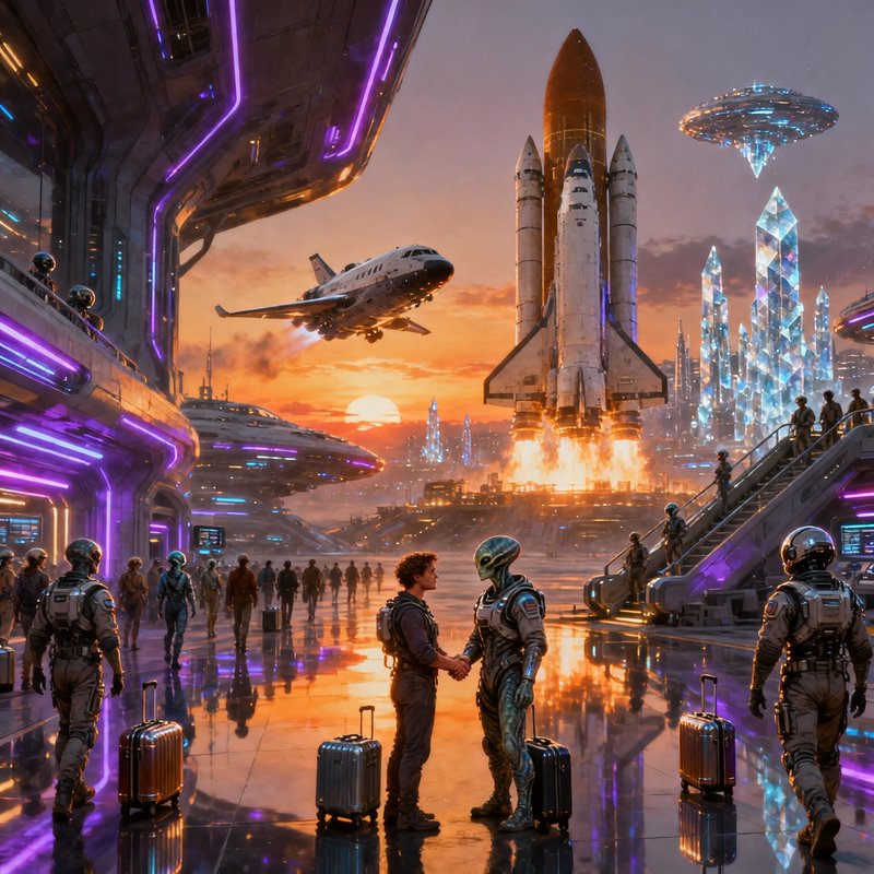 Futuristic spaceport with rockets launching, neon purple architecture, and travelers with luggage.
