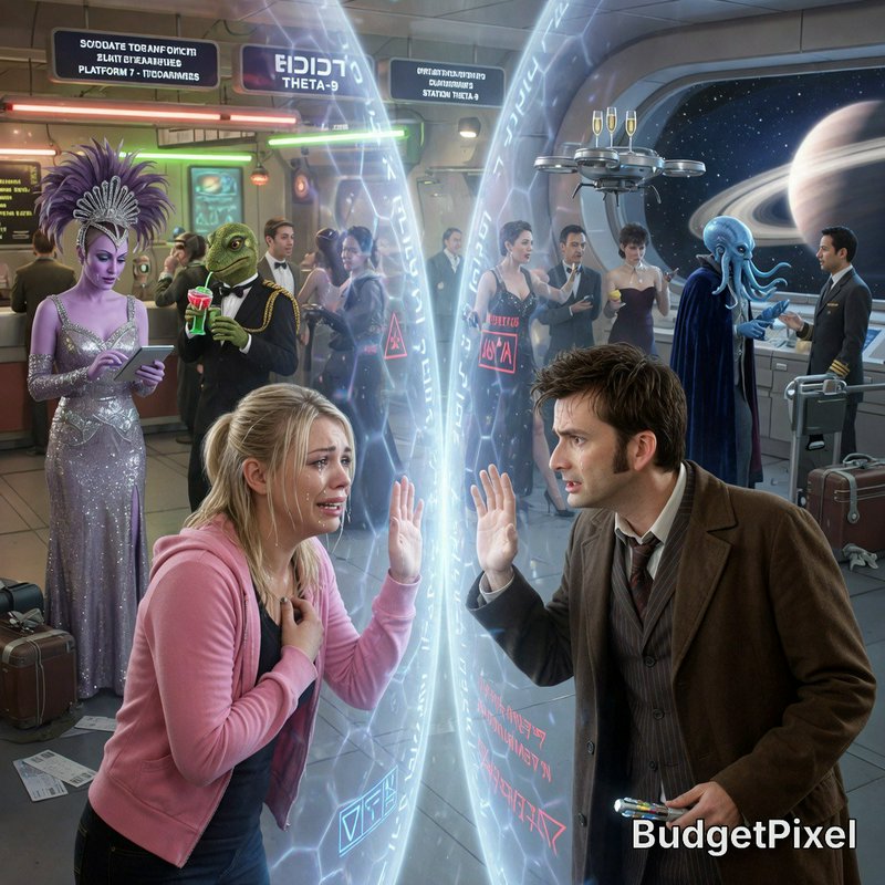 People at a futuristic spaceport bar with a glowing holographic portal between crying woman and man.