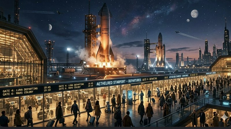 Futuristic spaceport with launching rockets and a crowded glass-terminal at dusk.