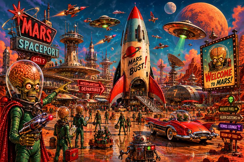 Colorful retro-futuristic Mars spaceport with rockets, aliens, and a classic red car.