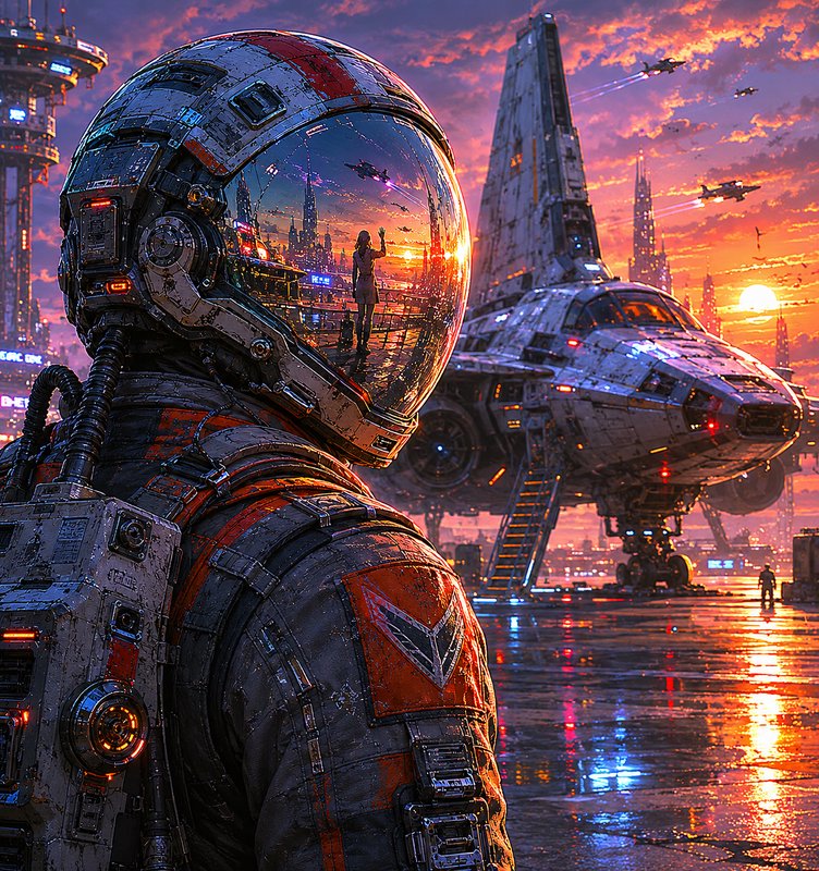 Futuristic astronaut in a weathered space suit watches a sci-fi cityscape with a spacecraft at su...