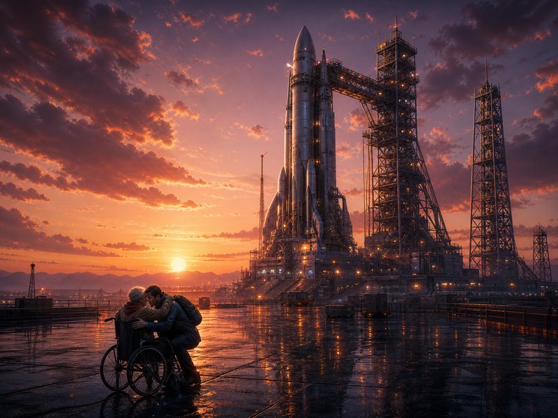 Couple in a wheelchair embracing on a wet tarmac at a rocket launch pad during sunset.