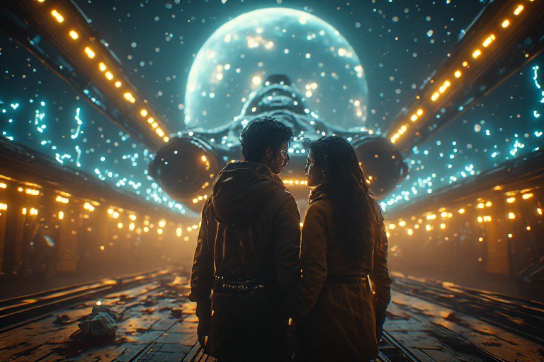 A couple stands close in a futuristic hangar, with a glowing spaceship cockpit behind them.