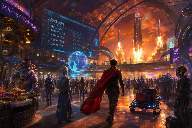 A futuristic spaceport terminal bustling with aliens and a hero in a red cape amid neon signage.