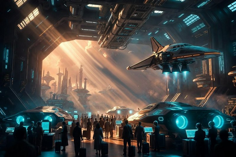 Futuristic spaceport hangar with sci-fi ships and a crowd of crew in a high-tech terminal