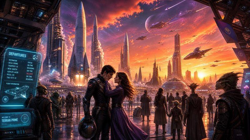 A couple kisses in a vibrant futuristic city plaza with towering spires and spacecraft in a sunset sky.