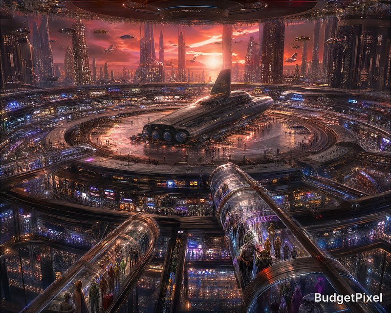 Futuristic city with a circular spaceport, sleek spacecraft, and glass transit tubes at sunset.
